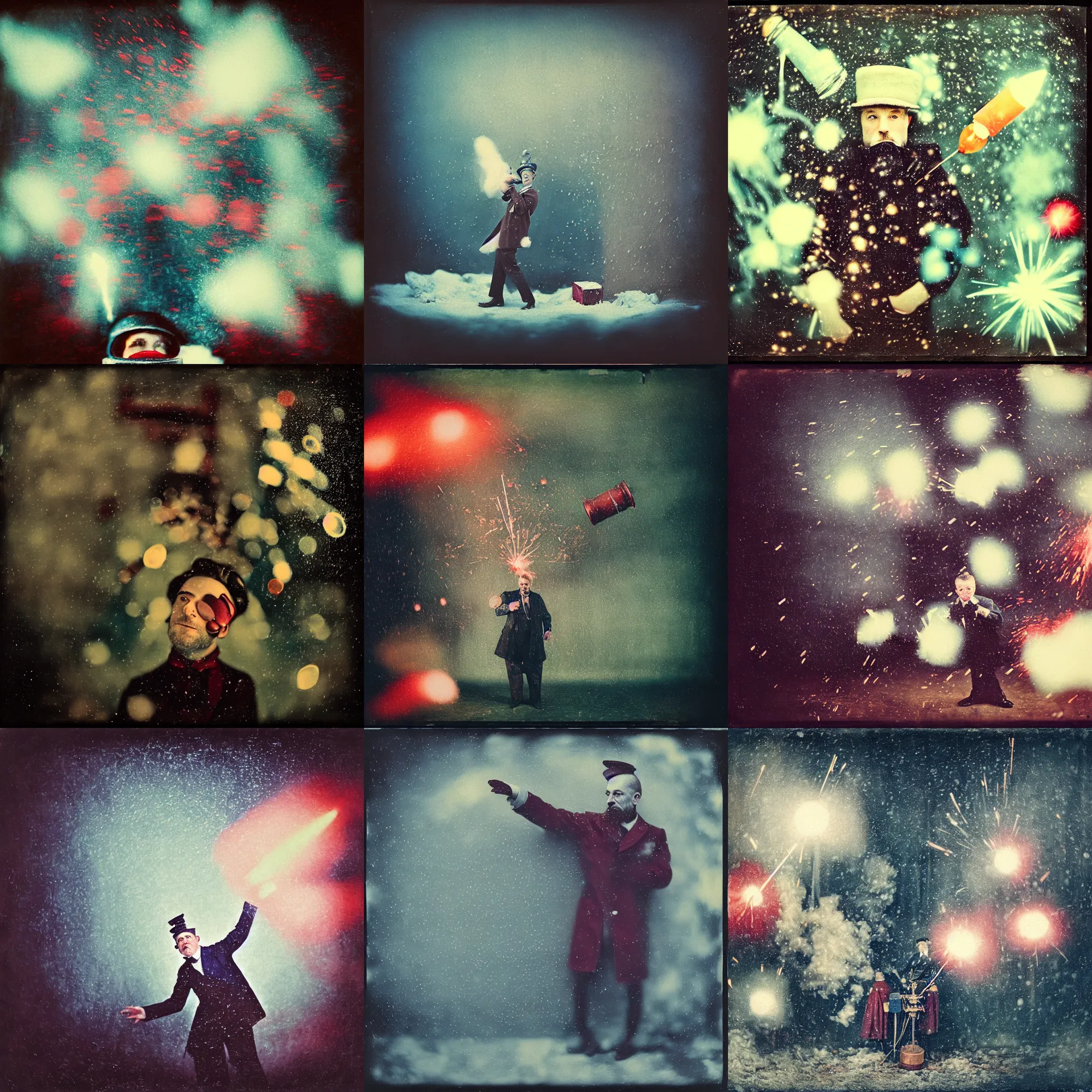 Prompt: kodak portra 4 0 0, wetplate, muted colours, blueberry, 1 9 1 0 s style, motion blur, portrait photo of a backdrop, explosions, rockets, sparkling, king ludwig, snow storm, by georges melies and by britt marling
