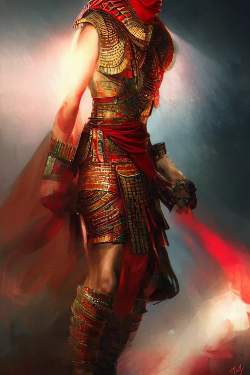 Prompt: egyptian warrior, portrait, fierce, intricate, elegant, red volumetric lighting, digital painting, highly detailed, artstation, sharp focus, illustration, concept art, ruan jia, steve mccurry