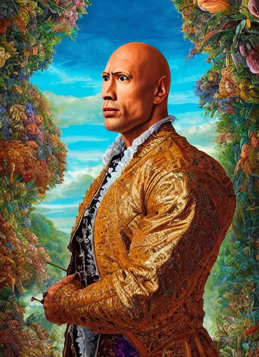 Image similar to beautiful oil painting, portrait of Dwayne the rock Johnson as Louis xiv in coronation robes 1701, Dan Mumford, Dan Mumford, Alex grey, Alex grey, lsd visuals, dmt fractal patterns, entheogen, psychedelic, hallucinogen, highly detailed, ornate, vaporwave