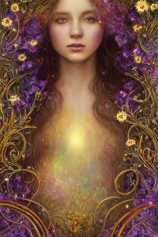 Prompt: elaborately detailed close up realistic portrait of an extremely beautiful girl with very long dark hair surrounded by flowers, an eerie mist and many ethereal rainbow bubbles, Aetherpunk, iridiscent geometry, high fantasy professionally painted digital art painting, fantasy matte painting movie poster, Art Nouveau, smooth, sharp focus, atmospheric lighting, highly detailed illustration highlights, backlight, golden ratio, 8K detail post-processing, symmetrical facial features, rich deep moody colors, majestic, dark epic fantasy, award winning picture, sense of awe, featured on DeviantArt, trending on cgsociety