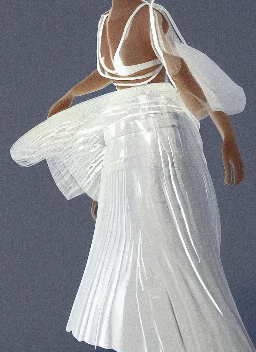 Image similar to an early 0 0's digital portrait of a beautiful girl detailed features wearing a wedding dress with a puffy skirt utility - chic trend. lots of zippers, pockets, synthetic materials, jumpsuits. by balenciaga and issey miyake by ichiro tanida and armin vit