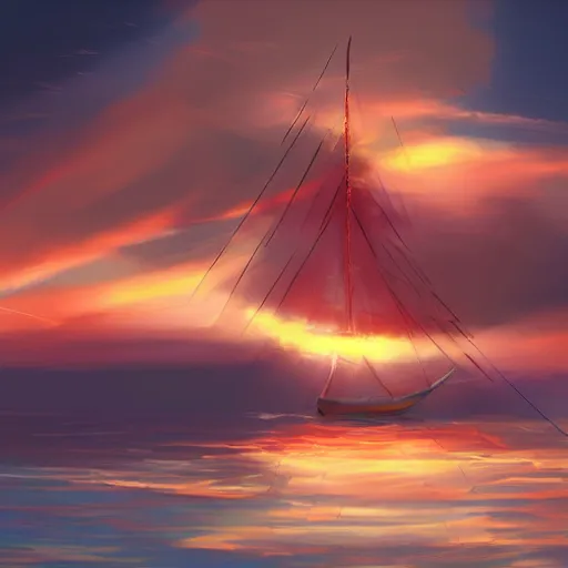 Image similar to a small sailboat flying through the sky, fluffy clouds, red-pink sunset, floating, fantasy, concept art, illustration, artstation award, bright