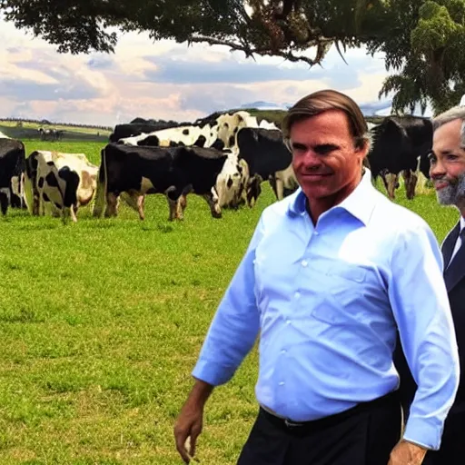 Prompt: bolsonaro holding hands with lula on a sunny farm field with visible cows and donkeys in the background , high definition, 4k