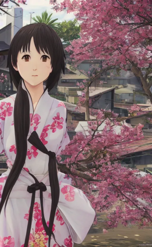 Image similar to anime style, gta 5, panoramic view of girl, centered, yukata clothing, sakura tree in background, ponytail short hair, hair down, symmetrical facial features, from arknights, hyper realistic, extreme detail, volumetric lights, 4 k drawing, safebooru, realistic lighting, by alphonse mucha, greg rutkowski, sharp focus, backlit