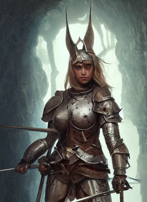 Image similar to portrait of cara delevinge as a legendary knight warrior, au naturel, hyper detailed, digital art, trending in artstation, cinematic lighting, studio quality, smooth render, unreal engine 5 rendered, octane rendered, art style by klimt and nixeu and ian sprigger and wlop and krenz cushart.