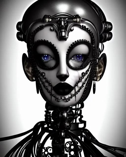 Image similar to black and white dreamy foggy poetic smoky profile face portrait, one silver steampunk realistic eye biomechanical beautiful angelic young female cyclope - cyborg - robot bust, body ribs meshes,, volumetric light, hibiscus flowers, by dora maar, rim light, big gothic fashion pearl embroidered collar, 8 k