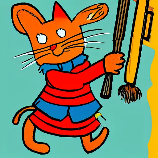 Image similar to illustration of Huckle Cat with a sword in the style of Richard Scarry