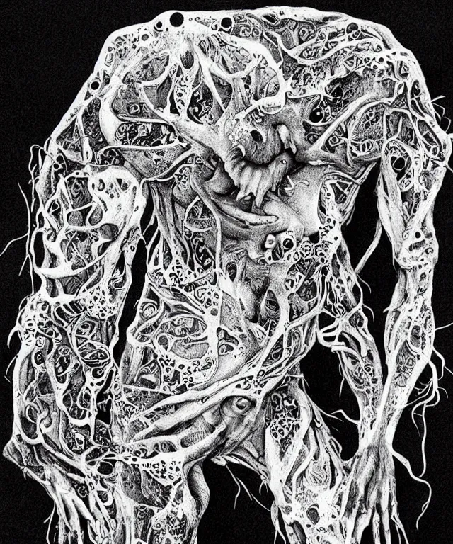 Image similar to black and white illustration, creative design, body horror, monster