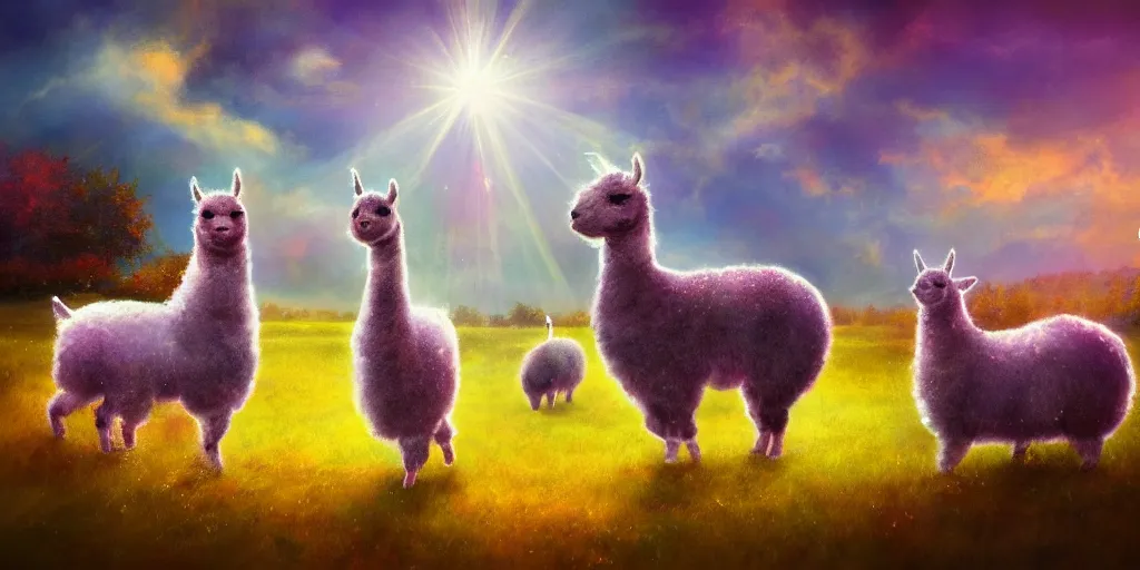 Image similar to magical fairy alpacas frolicking in a field, autumn, sparkles, light beams, digital art, oil painting, fantasy, 8 k, trending on artstation