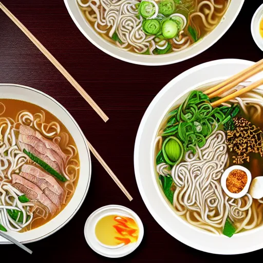 Image similar to flatlay realistic photo of delicious pho, ramen, aesthetic table cloth, highly detailed, global illumination, masterpiece, 8 k hd, award winning, artstation,