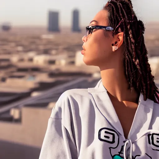 Prompt: photographic portrait of a streetwear woman, closeup, on the rooftop of a futuristic city overlooking a desert oasis, sigma 85mm f/1.4, 4k, depth of field, high resolution, 4k, 8k, hd, full color