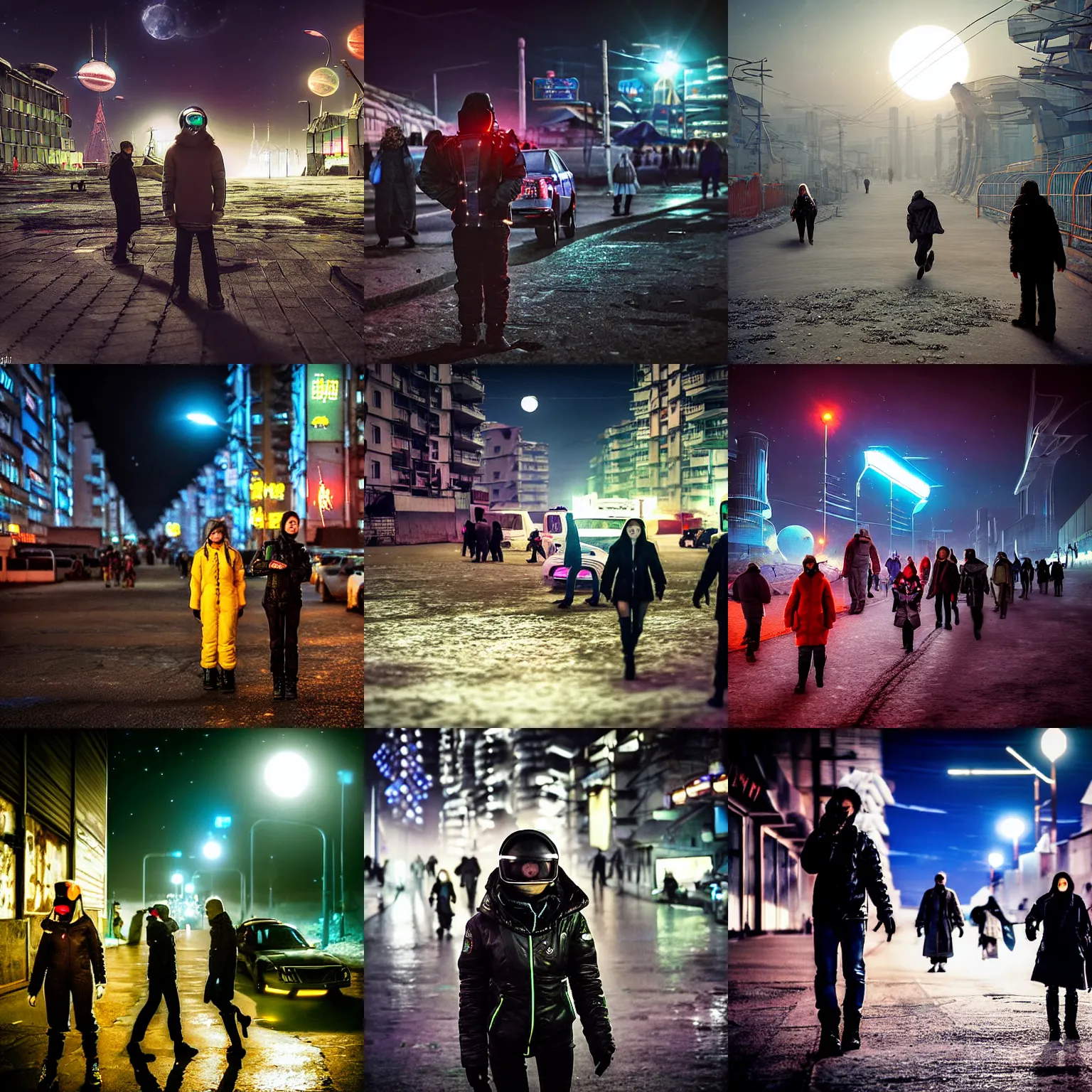 Image similar to people on the futuristic dangerous streets of a Russian cyberpunk slum city called Neo Norilsk on the Moon, at night, lots of flying cars, diverse, lively, black sky full of stars, blinding sun, sci-fi, lots of flying cars, levitation, cyberpunk outfits, photorealistic, grainy, 35mm, intricate, very very beautiful, elegant, smooth, cinematic, Unreal Engine 5, by Beeple, trending on Artstation HD