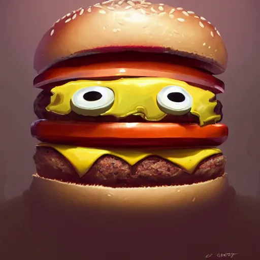 Prompt: a monster with a hamburger head, hamburger face, burger head, burger with human eyes in the top bun, burger with a mouth, teeth between bread and patty, character concept art, fantasy drawing, illustration, highly detailed, hyperrealistic, cgsociety, artstation, oil painting by greg rutkowski