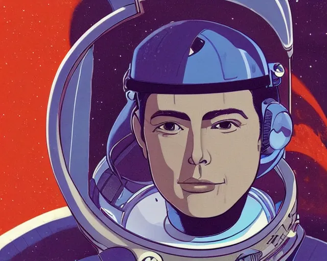 Image similar to a headshot head shot portrait of Alain Delon pilot in spacesuit on field forrest spaceship station landing laying lake artillery outer worlds shadows in FANTASTIC PLANET La planète sauvage animation by René Laloux