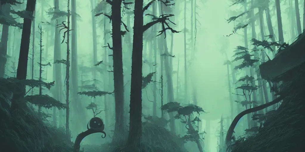 Prompt: monster lost in the heart of the forests, by ghibli and atey ghailan, a neon graveyard, mist, fog