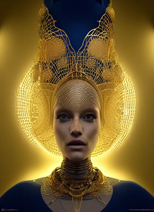 Prompt: three dimensional blueprints for an absurdly beautiful, graceful, sophisticated, fashionable futuristic female golden robot, hyperdetailed illustration by irakli nadar and alexandre ferra, intricate linework, faberge, intricate gold headdress, dark atmosphere, unreal engine 5 highly rendered, global illumination, radiant light, detailed and intricate environment
