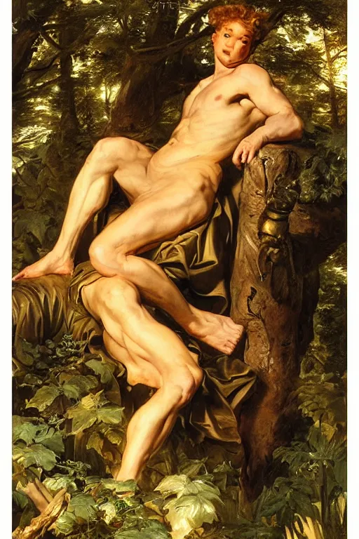 Image similar to Baccus, golden hour, in a forest, artstation, by J. C. Leyendecker and Peter Paul Rubens,