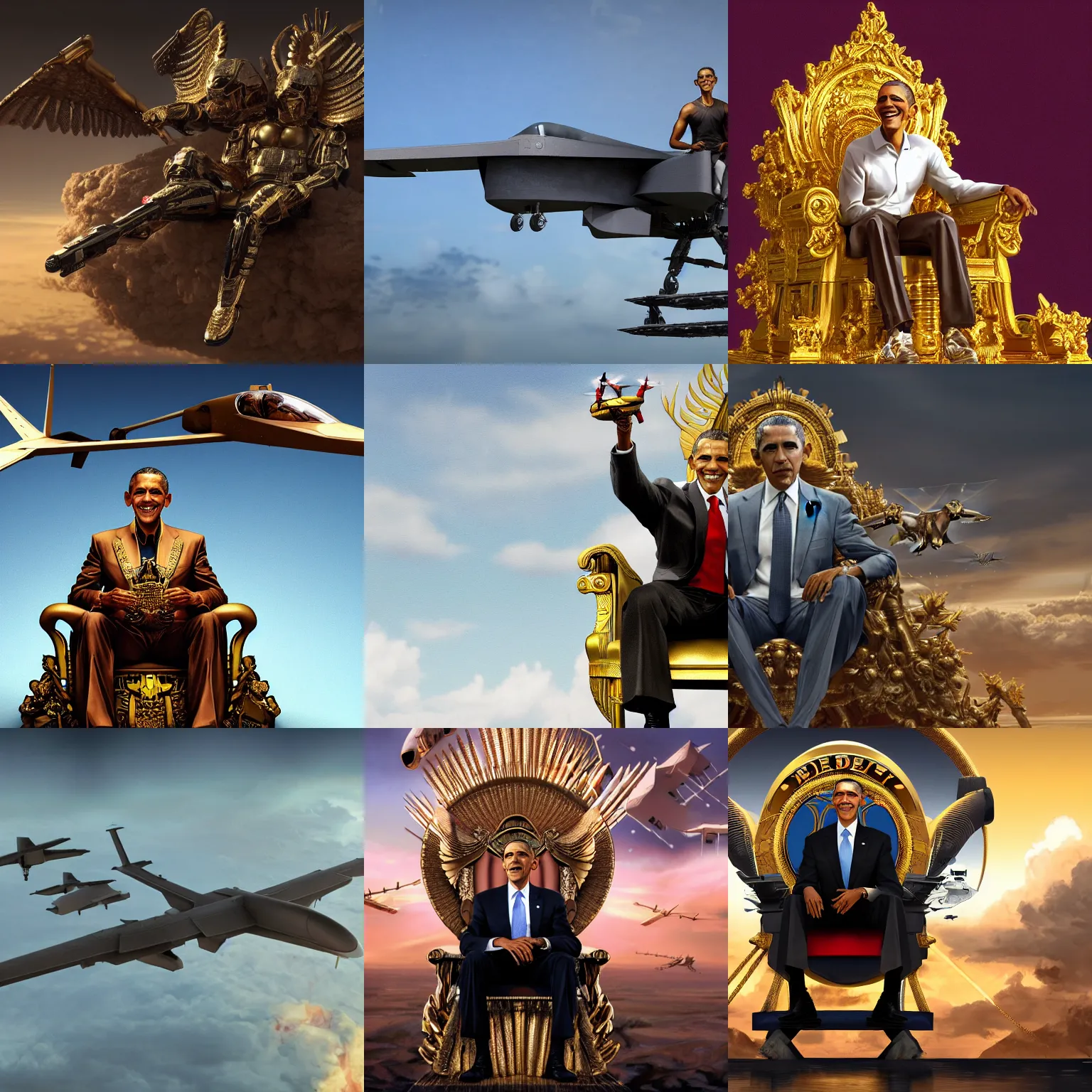 Prompt: render of Barack Obama (played by Barack Obama) sitting in the sky on a golden throne, MQ-1 Predator Drones (military) flying, intricate details, Key Art, award winning, Artstation, sharp, Hyperdetailed, 8k resolution.