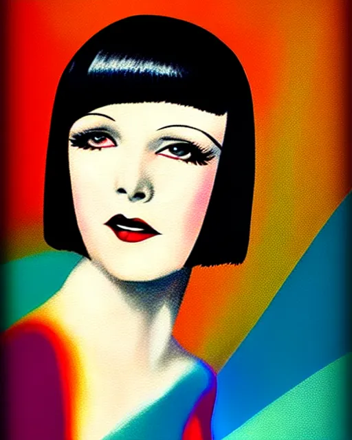 Image similar to full length portrait of 2 0 year old mary louise brooks dancing, shiny bob haircut, dramatic light, abstract art deco city background, air brush art, high contrast, sharp,, painted by ross tran 1 9 2 0 s