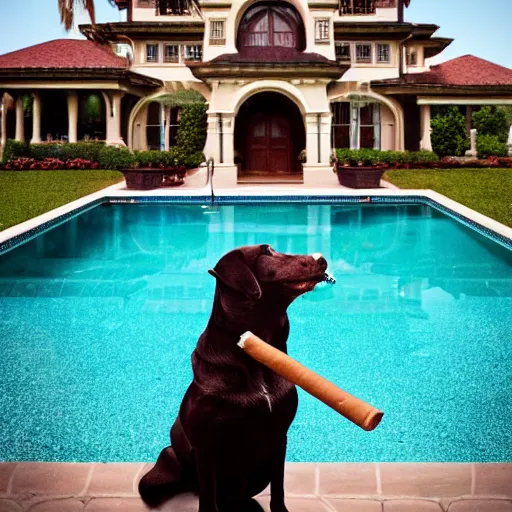 Image similar to a very detailed photo of a dog ( smoking a cigar ) outside the mansion by the pool