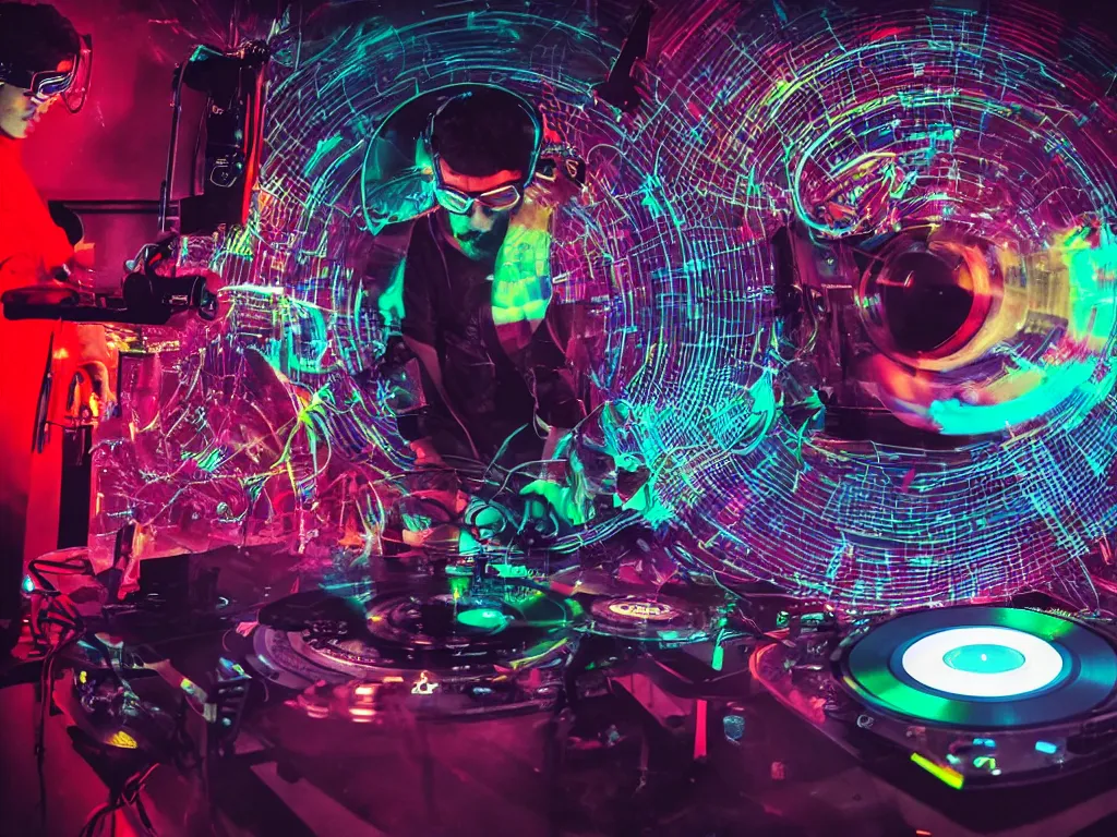 Image similar to a person wearing goggles and visor and headphones using a retro record player contraption, hologram, turntablism dj scratching, light trails, screens, smoky atmosphere, intricate planetary gears, cinematic, imax, sharp focus, leds, bokeh, iridescent, black light, fog machine, hazy, lasers, hyper color digital art