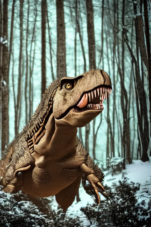 Image similar to a professional portrait photo of a t - rex in the forest in winter, extremely high fidelity, natural lighting,