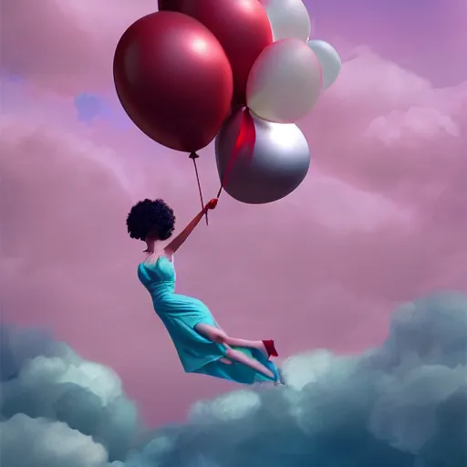 Image similar to a woman [ who has a balloon head ]!! floating into the sky, [ 4 k digital art ]!!, [ trending on cgsociety ]!!, cgsociety contest winner, 4 k quality, zbrush, mannerism