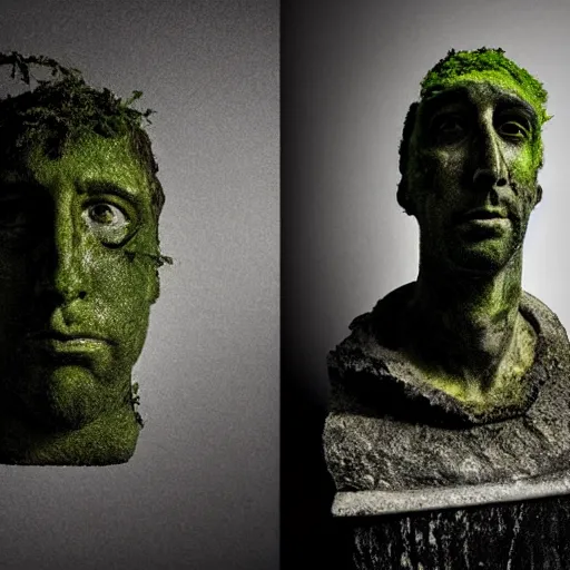 Image similar to Award-winning photograph by Mar Mann. The photo depicts a decaying roman bust of Nicolas Cage overgrown with moss at the bottom of the sea. Minimalism, high definition, perfect composition. Deep sea picture. Very dark. Volumetric Lighting. Fish. Darkness. Ruins