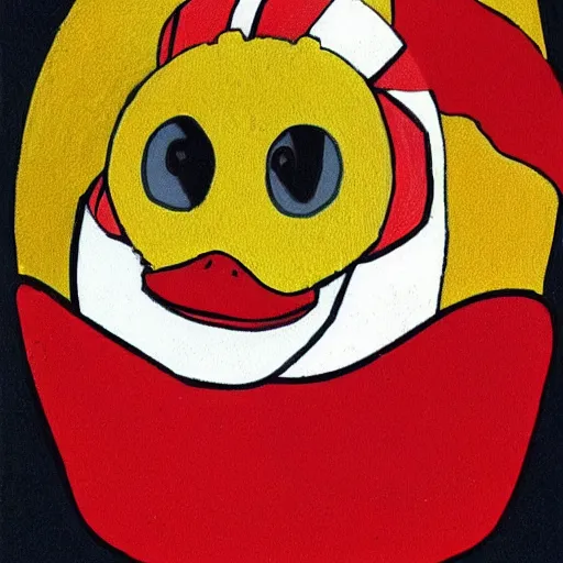 Prompt: yellow duckling wearing a white and red mask, ghibli style, by hayao miyazaki