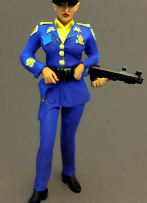 Prompt: Image on the store website, eBay, 80mm Resin figure model of a female cop in blue uniform with pistol.