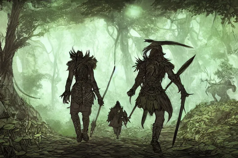 Image similar to adventuring party consisting of warrior, archer and wizard walking down a forest path, in the style of Greg Broadmore and Arthur Rackham,trending on artstation, light lighting side view,digital art,surrealism ,macro,blueprint ,vaporwave ,