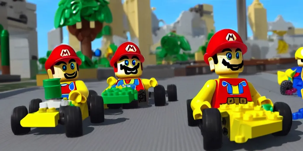 Prompt: still frame from lego mario kart