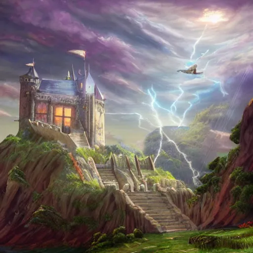 Prompt: a castle on a flying island, masterpiece, flying island in the sky, clouds background magic the gathering coloring style, epic fantasy style art, fantasy epic digital art, epic fantasy card game art