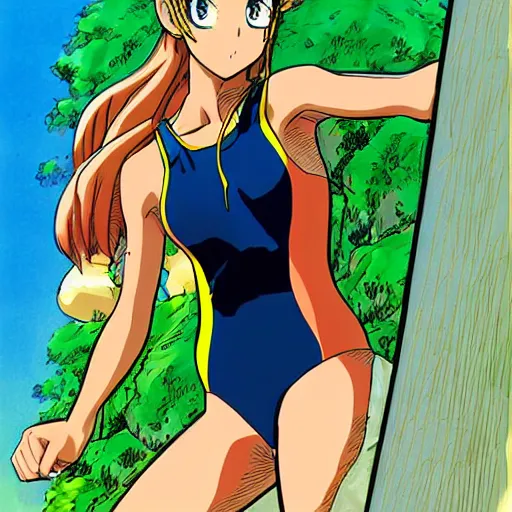 Prompt: Anime Summer girl wearing leotard before the swimming competition by mike deodato, Studio Ghibli, anime art, manga