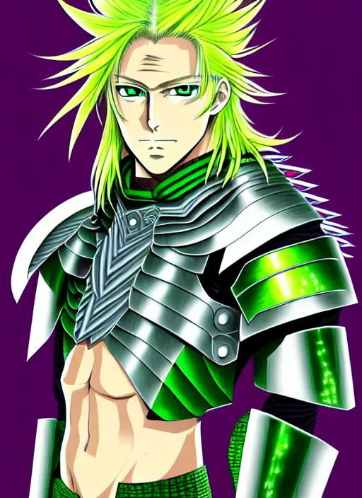 Image similar to a detailed anime full body portrait of a male warrior with long blonde hair and blue eyes wearing evil green spiked cyberpunk armour by hirohiko araki,