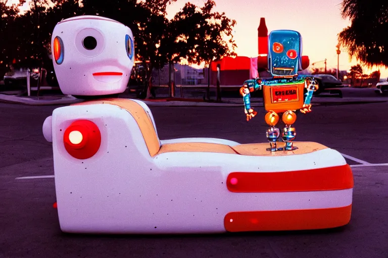 Image similar to robot clown relaxing at a california drive in, in 1 9 9 2, cutecore clowncore, bathed in the the glow of the sunset, low - light photograph, in style of tyler mitchell