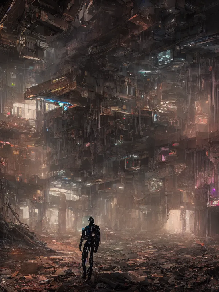 Image similar to portrait of a cyborg, standing in a hall of abandoned cyberpunk megacomplex; hyperrealistic, 4K wallpaper, cinematic lighting, highly detailed and beautiful