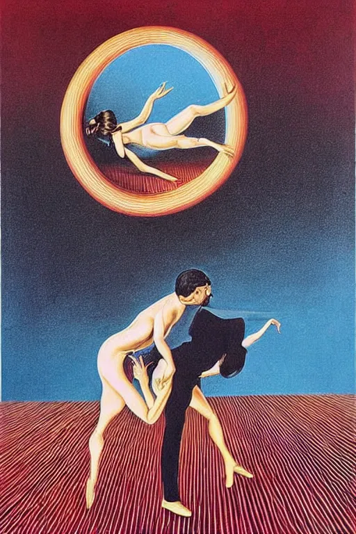 Prompt: optical illusion painting of a couple dancing in a worm hole, illusionism, look twice, mind blow, by damien gilley and salvador dali, detailed