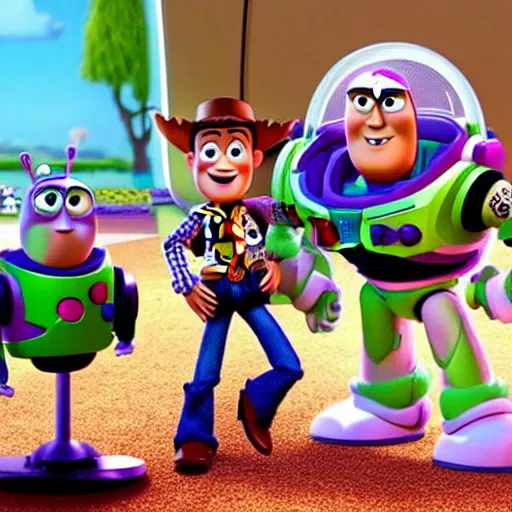 Prompt: Woody and Buzz Lightyear meet a Furby in Toy Story 5