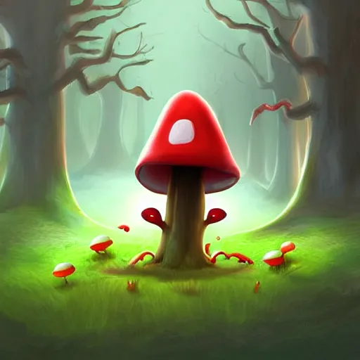 Image similar to digital art of a fantasy mushroom monster with sharp teeth lurking in the woods, dynamic lighting, photorealistic, art station