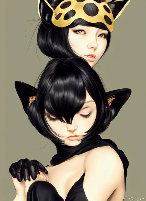 Prompt: cassandra cain portrait, pale black and gold silk robe and decollete bra, wearing cat ears, art by artgerm, wlop, loish, ilya kuvshinov, 8 k realistic, hyperdetailed, beautiful lighting, detailed background, depth of field, symmetrical face, frostbite 3 engine, cryengine,