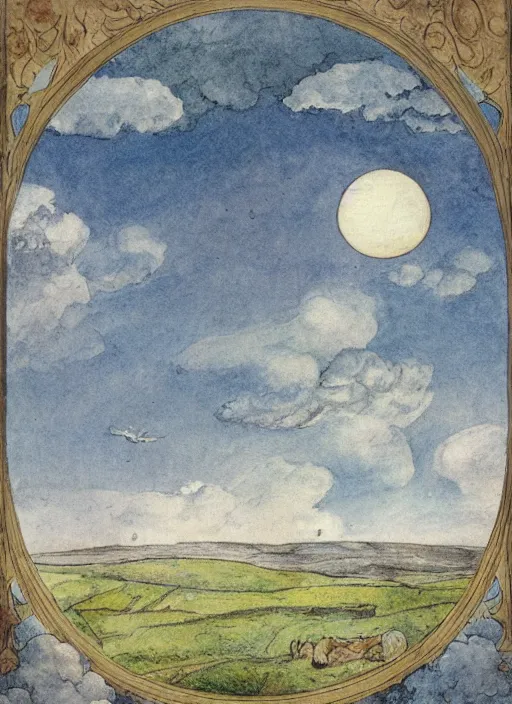 Image similar to sky split in 2, one part is sun, one part is moon, surrounded by light clouds, landscape, illustrated by peggy fortnum and beatrix potter and sir john tenniel