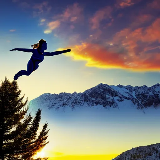 Prompt: A photorealistic image of an athletic woman in nikini in a freefall on terminal speed in front of courchevel mountains in an astonishing sunset, vivid color, high quality, high textured