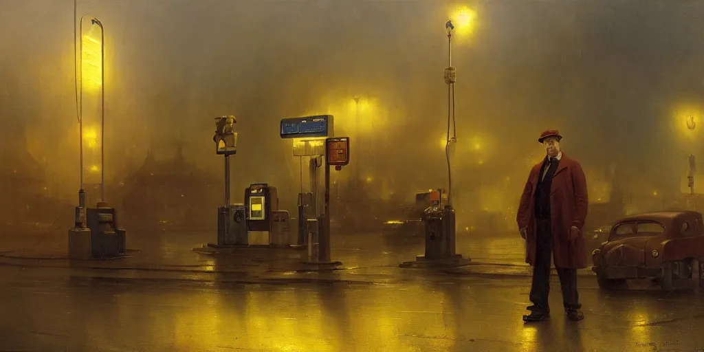 Image similar to a gas station in 1 9 4 0 with yellow and red light in the middle of the night, a men stand up next to the pump, mystical blue fog, oil on canvas, art by andreas achenbach, clemens ascher, tom bagshaw and sabbas apterus,