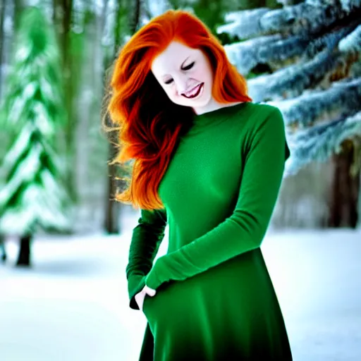 Image similar to redhead women in a green dress, with pockets, photorealistic, winter scenario