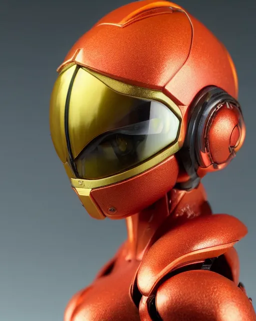 Prompt: helmet portrait of a figurine of samus aran's varia power suit from the sci - fi nintendo videogame metroid. designed by hiroji kiyotake, gene kohler and rodney brunet. metroid zero mission. metroid prime. glossy. masterpiece. intricate cybertronics. shallow depth of field. suit of armor.