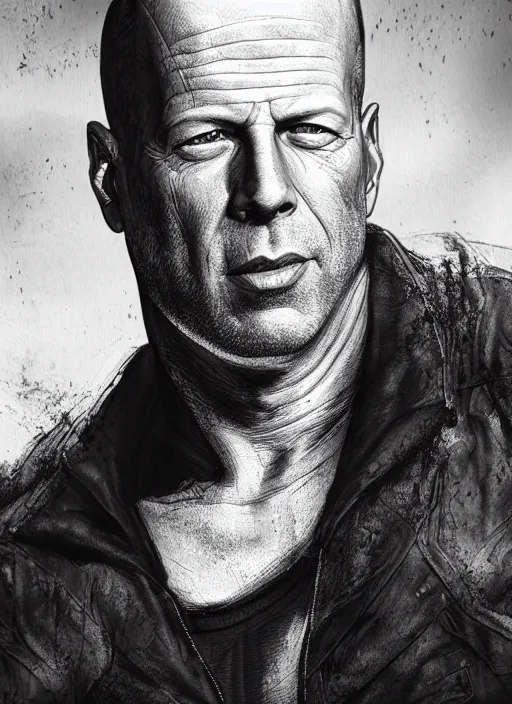 Image similar to highly detailed ink illustration of bruce willis, unreal engine, octane render, b & w clean shaped illustration by ross tran