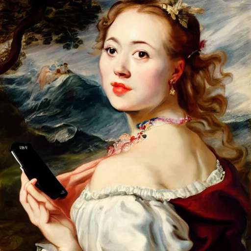 Image similar to heavenly summer sharp land sphere scallop well dressed lady taking a selfie with her iphone auslese, by peter paul rubens and eugene delacroix and karol bak, hyperrealism, digital illustration, fauvist, iphone