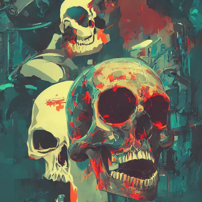 Prompt: a colorful comic noir illustration painting of a cyberpunk skull by sachin teng and sergey kolesov and ruan jia and pascal blanche. in style of chromatic risograph print, sci fi, hyper detailed. octane render. trending on artstation