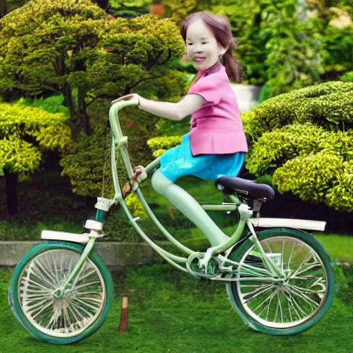 Prompt: a girl with uk folding brompton bike in a garden, by chiho aoshima